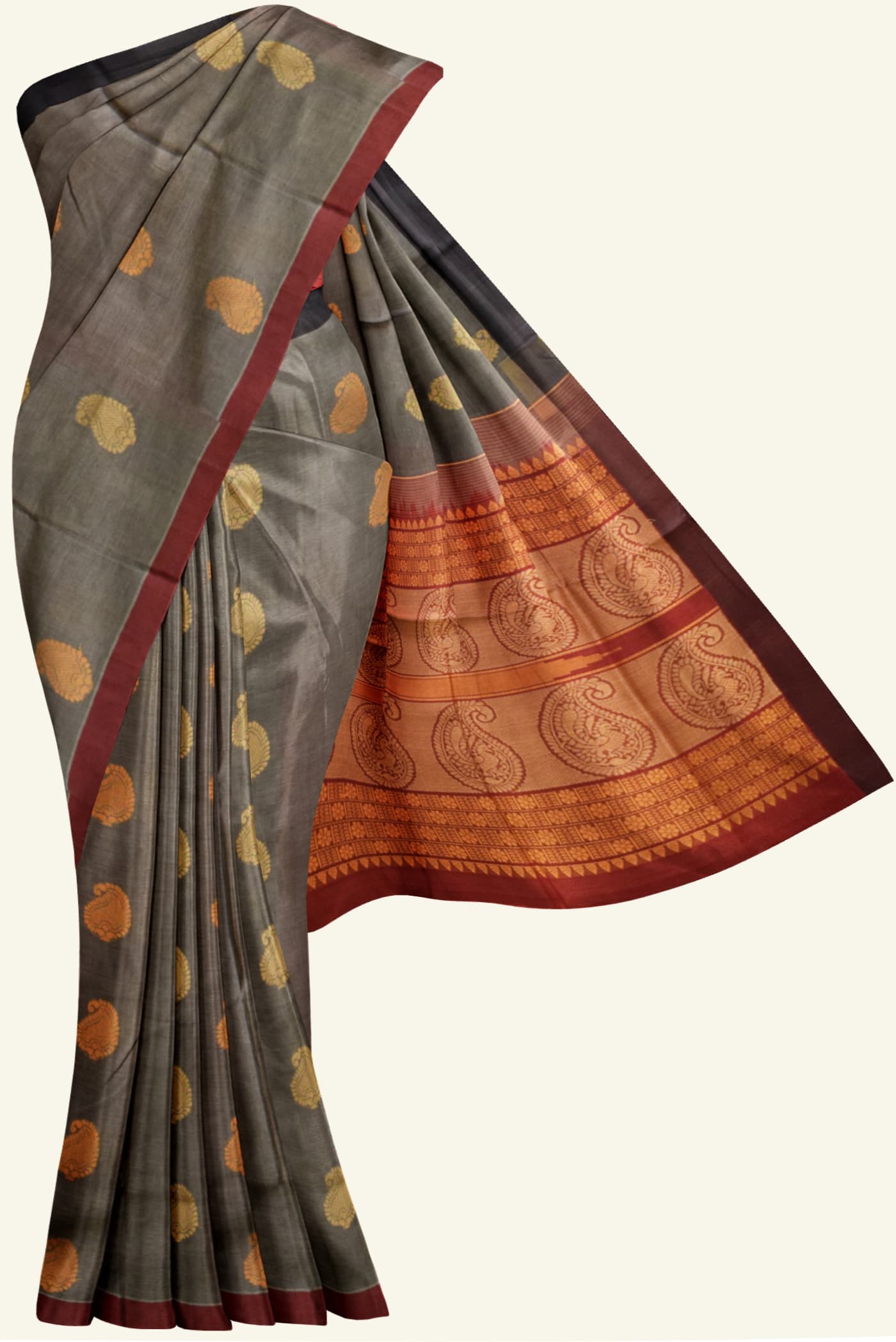Grey and Maroon Cotton Saree with Thread Work K0128140201 5 Saree