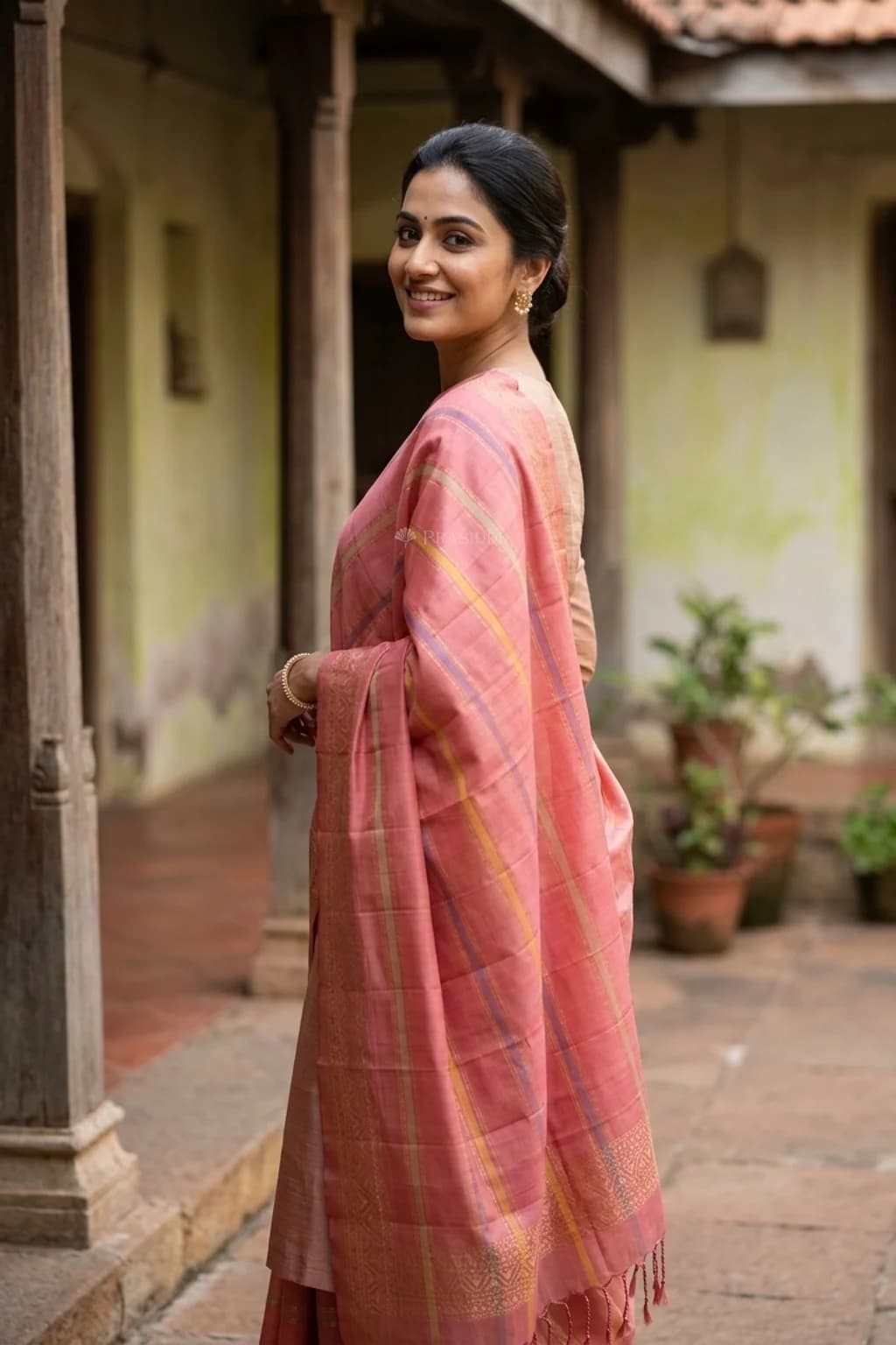 Baby pink Soft Silk saree with woven design, suitable for festive and reception wear. – Model Displaying Full Saree