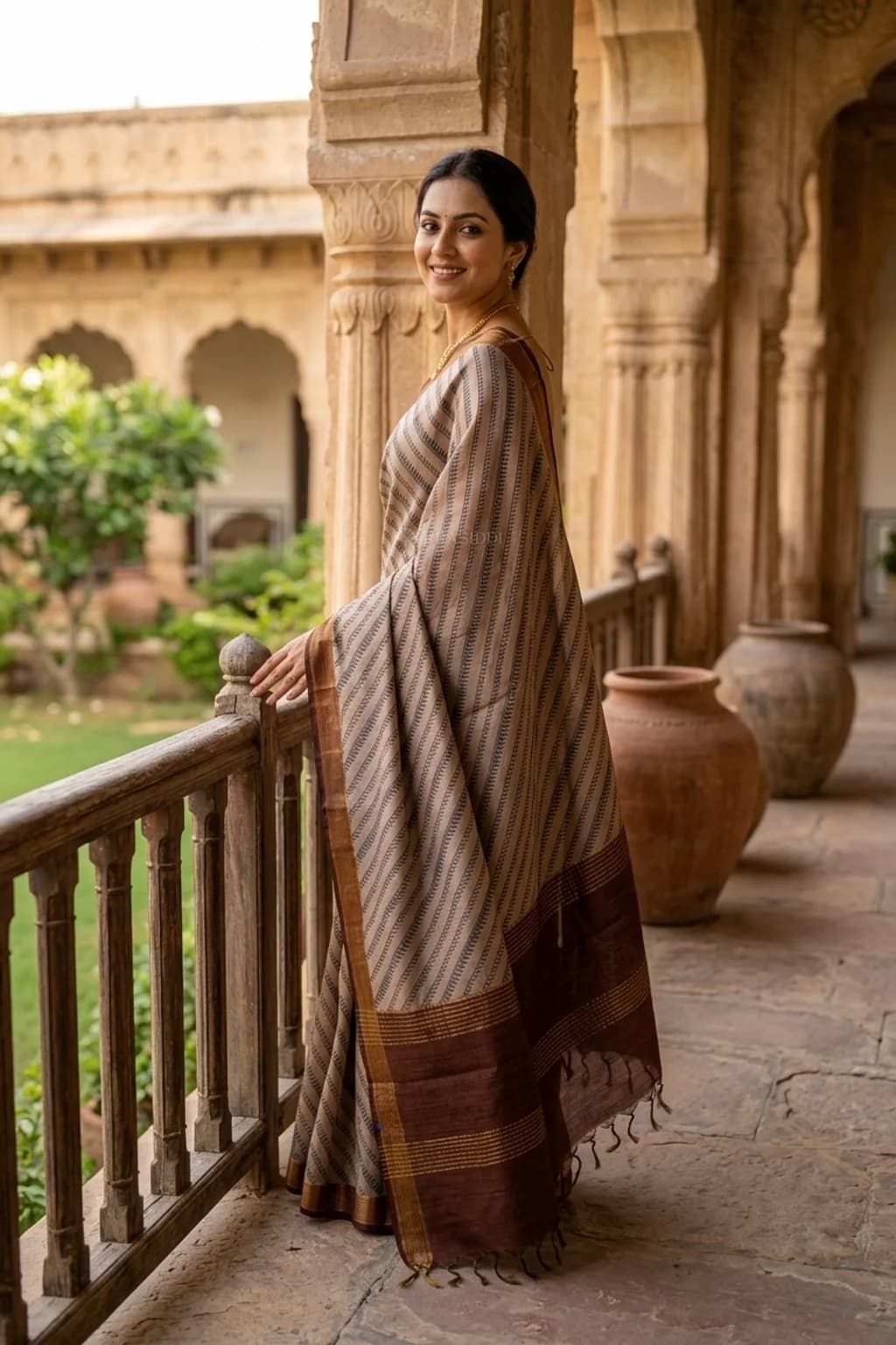 Beige and Brown Printed Tussar Silk Saree with Contrast Border and Lehariya Print. – Model Displaying Full Saree