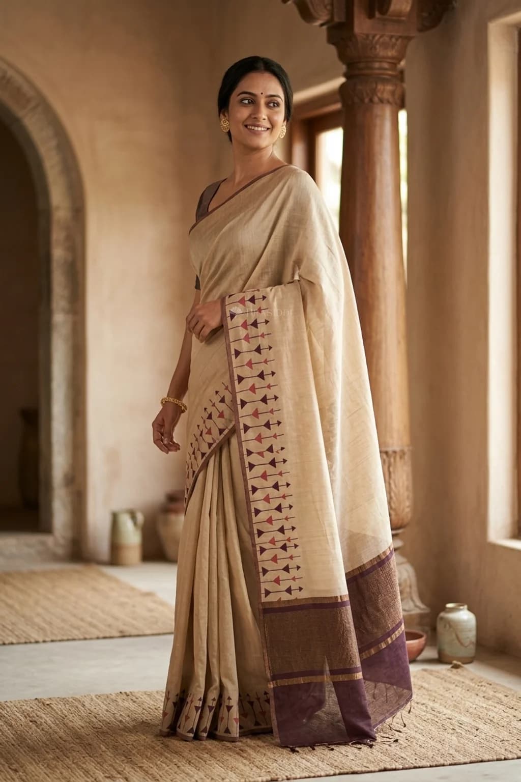 Beige Printed Tussar Silk Saree with a Contrast Pallu – Model Displaying Full Saree