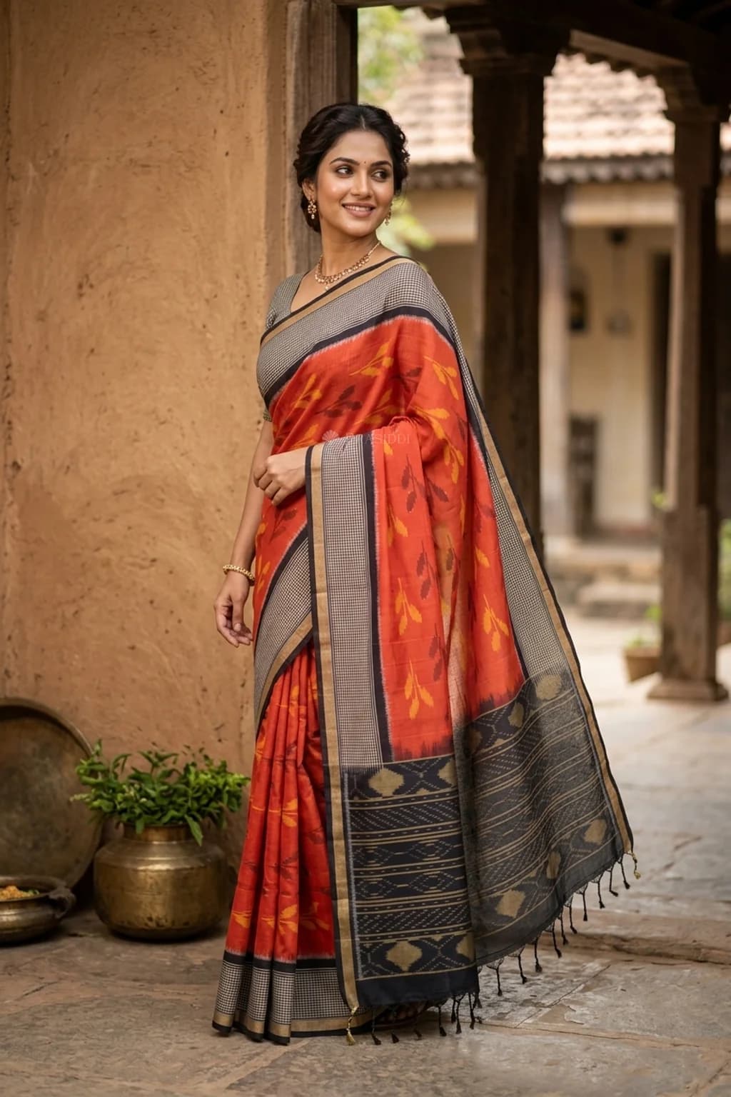 Black and White Checkered Border Soft Silk Saree with Pochampalli pallu – Model Displaying Full Saree