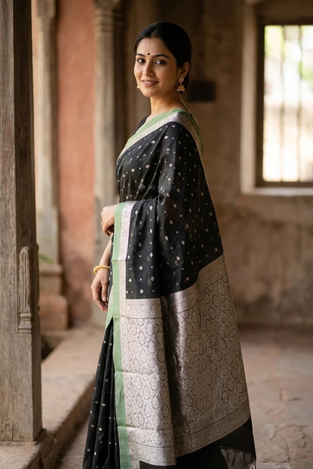 Black Olive Green Silk Cotton Saree with Butti motif and contrast woven zari border – Model Displaying Full Saree