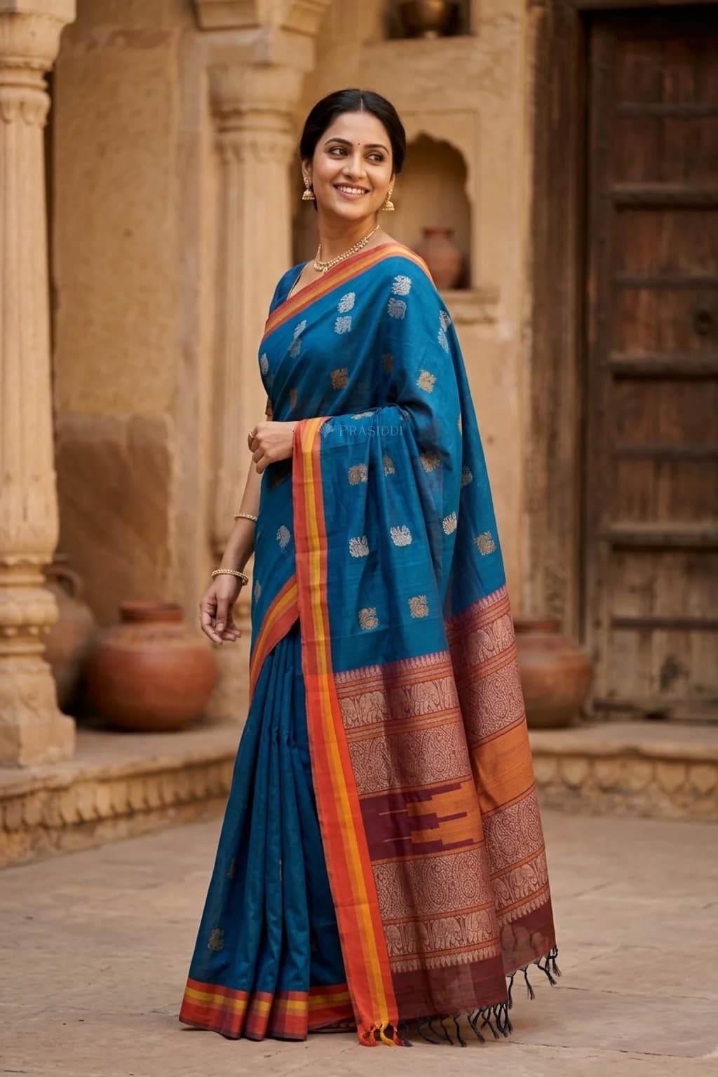 Blue and Maroon Tadapathri Cotton Saree with Peacock and Elephant Motifs. – Model Displaying Full Saree