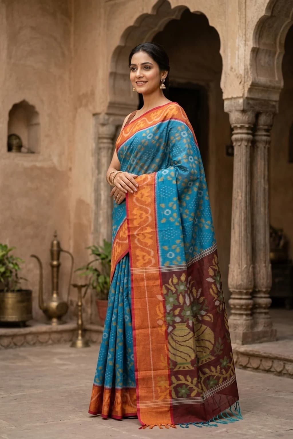 Blue and Rust Pochampalli Design Silk Cotton Saree displayed elegantly. – Model Displaying Full Saree