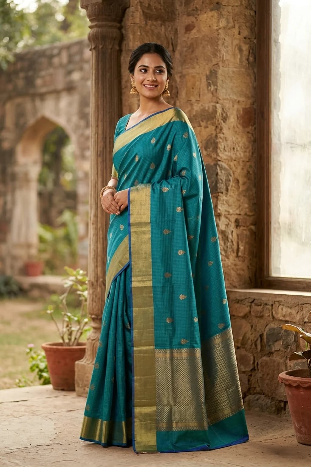 Blue Kota Silk Saree with Classical Border and Woven Motif – Model Displaying Full Saree