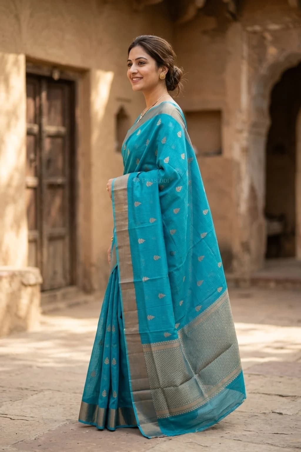 Blue Kota Silk Saree with Classical Border and Woven Motifs – Model Displaying Full Saree