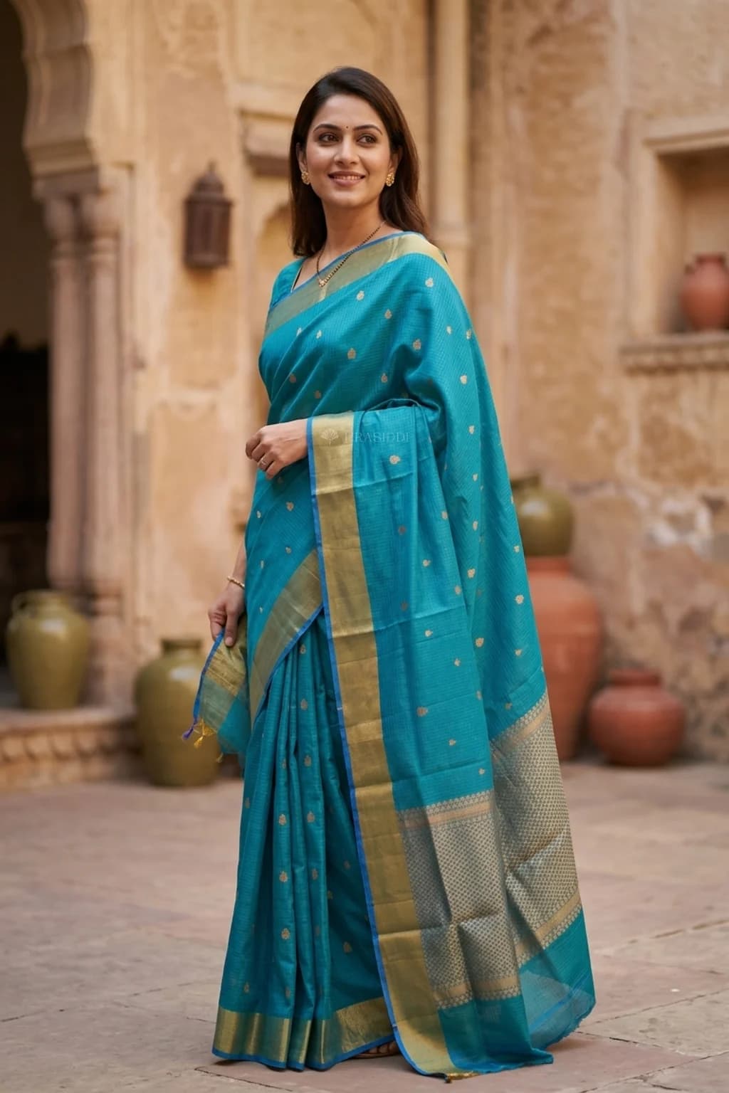 Blue Kota Silk Saree with Woven Motif and Classical Border – Model Displaying Full Saree