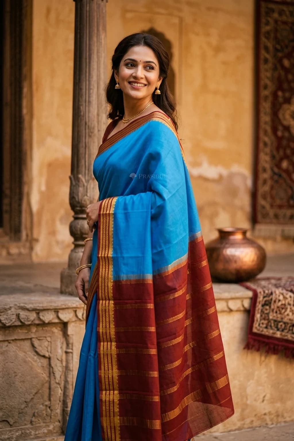 Blue Maroon Mysore Silk Saree with a Rich Designer Border – Model Displaying Full Saree