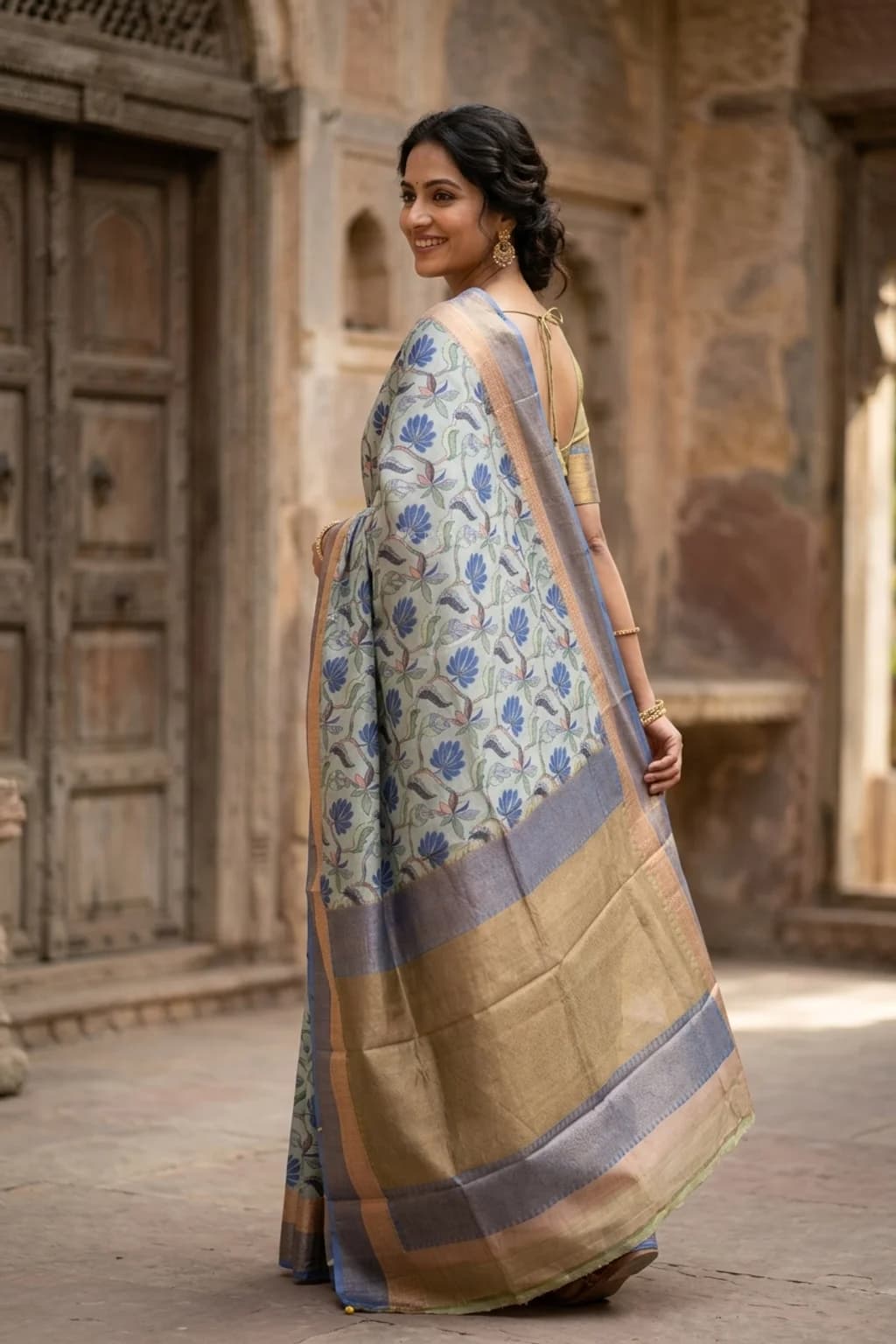 Blue Printed Tussar Silk Saree with Contrast Border – Model Displaying Full Saree