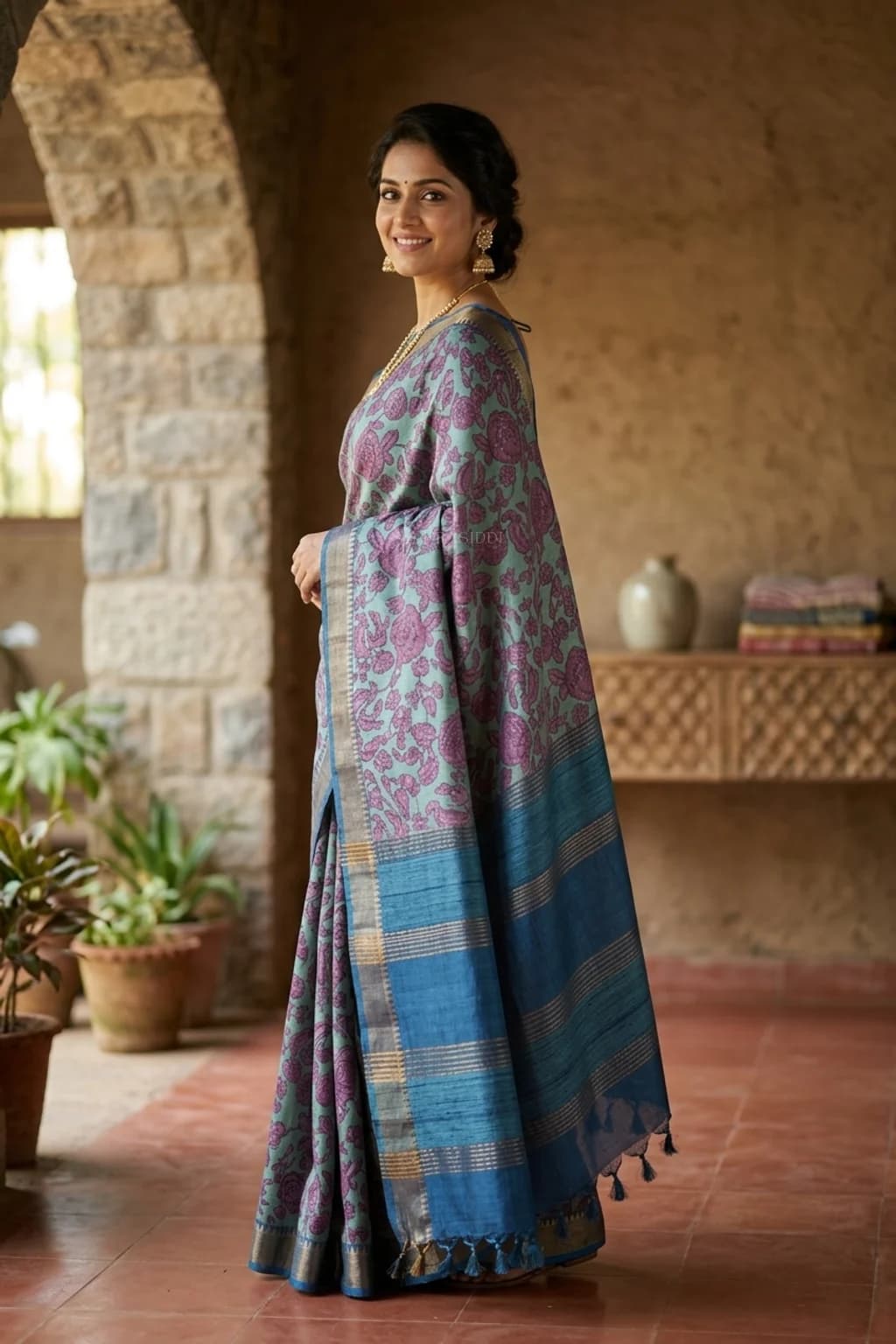 Blue Printed Tussar Silk Saree with Floral Print and Small Border – Model Displaying Full Saree