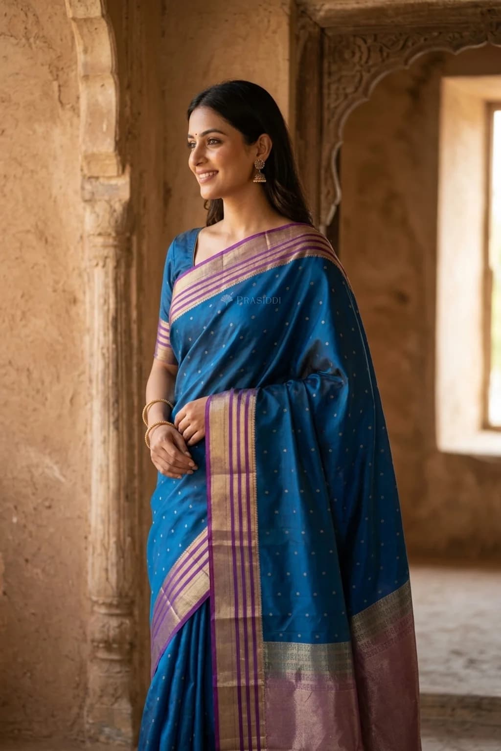 Blue & Purple Silk Saree with Woven Work and Butti Motifs and classical border, contrast border border – Model Displaying Full Saree