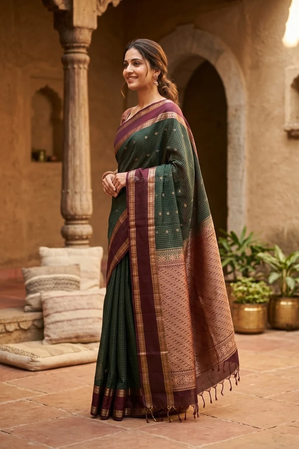 Bottle Green and Maroon Soft Silk Saree with a double border – Model Displaying Full Saree