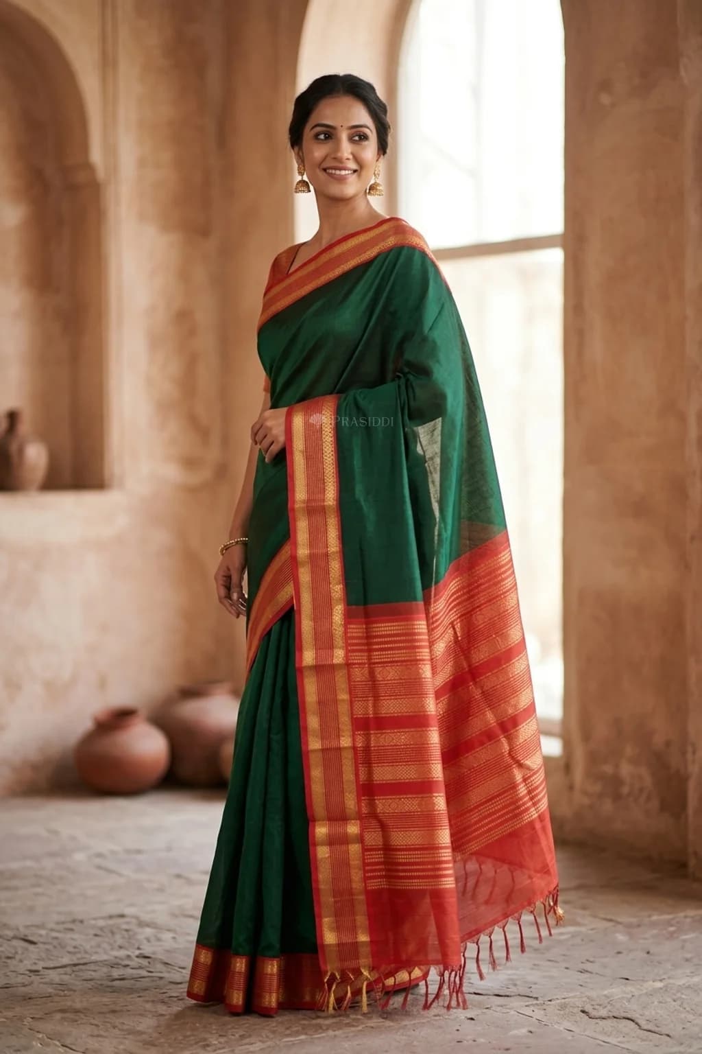 Bottle Green and Red Pattur Silk Cotton Saree with a rich border. – Model Displaying Full Saree