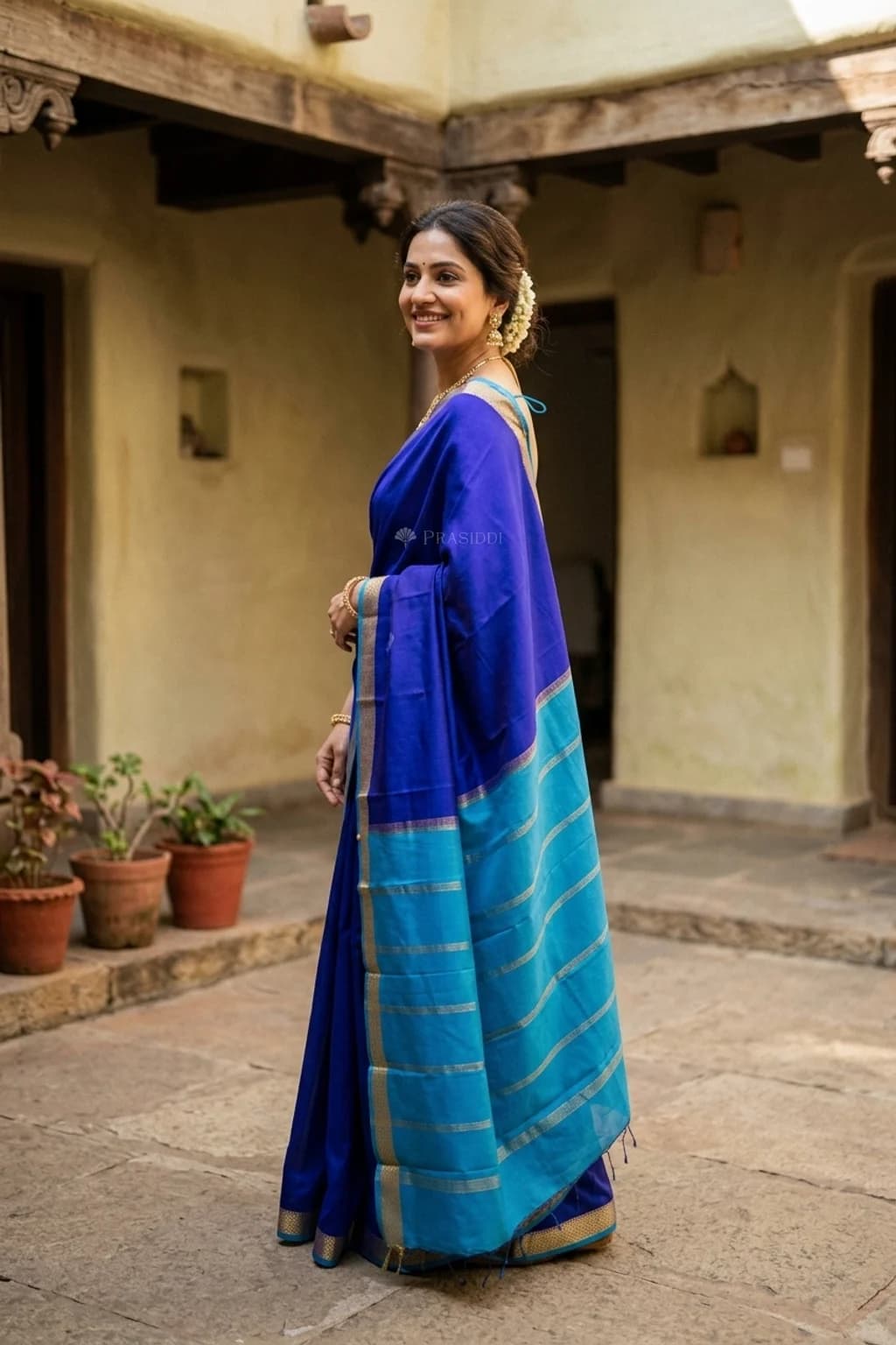 Bright Blue Mysore Silk Saree with Small Zari Border – Model Displaying Full Saree