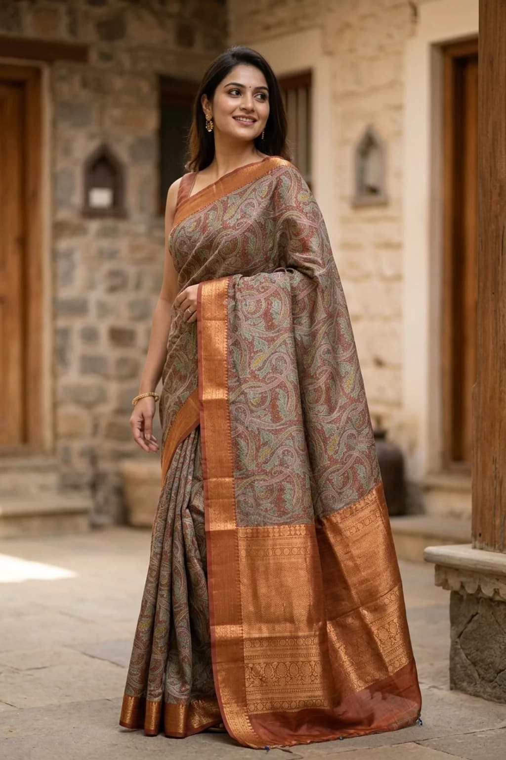 Brown Printed Tussar Silk Saree with a Rich Border and Dense Design. – Model Displaying Full Saree