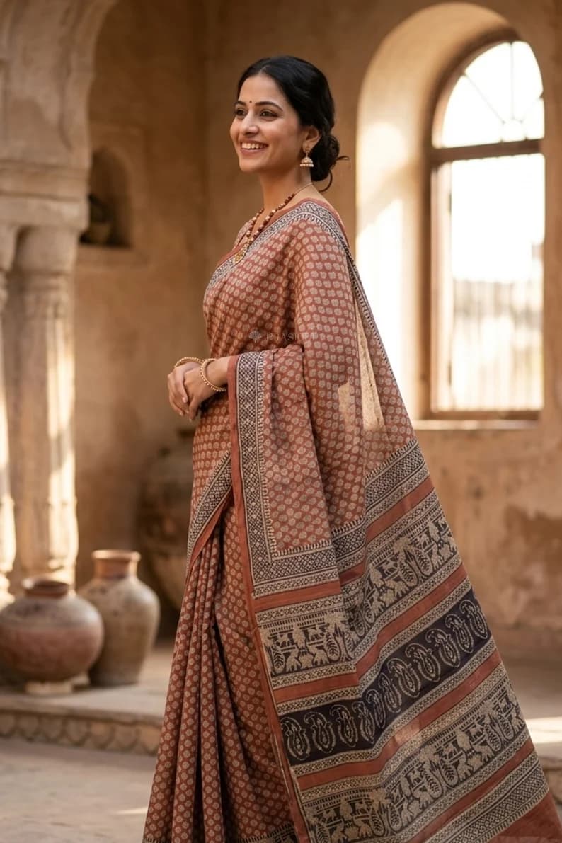 Brown Printed Tussar Silk Saree with Printed Border – Display Image