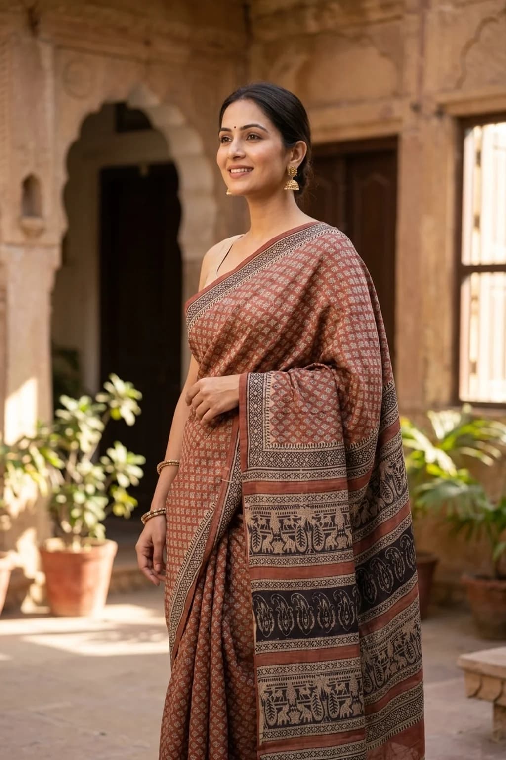 Brown Printed Tussar Silk Saree with Printed Border – Model Displaying Full Saree