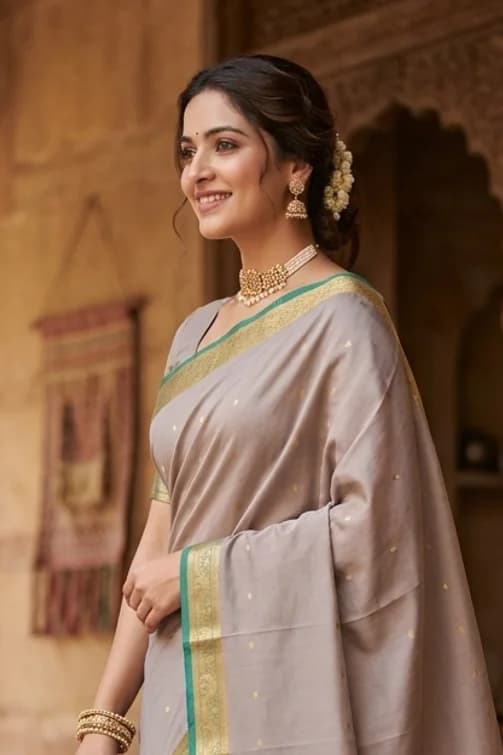Cream with Touch of Green Mysore Silk Saree with Green Contrast Border and Small Motifs. – Display Image