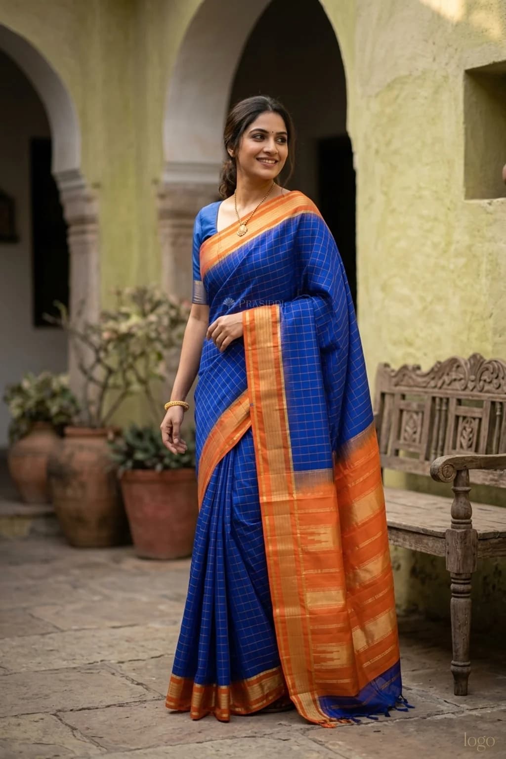 Dark Blue and Rust Silk Saree with classical border and woven design. – Model Displaying Full Saree