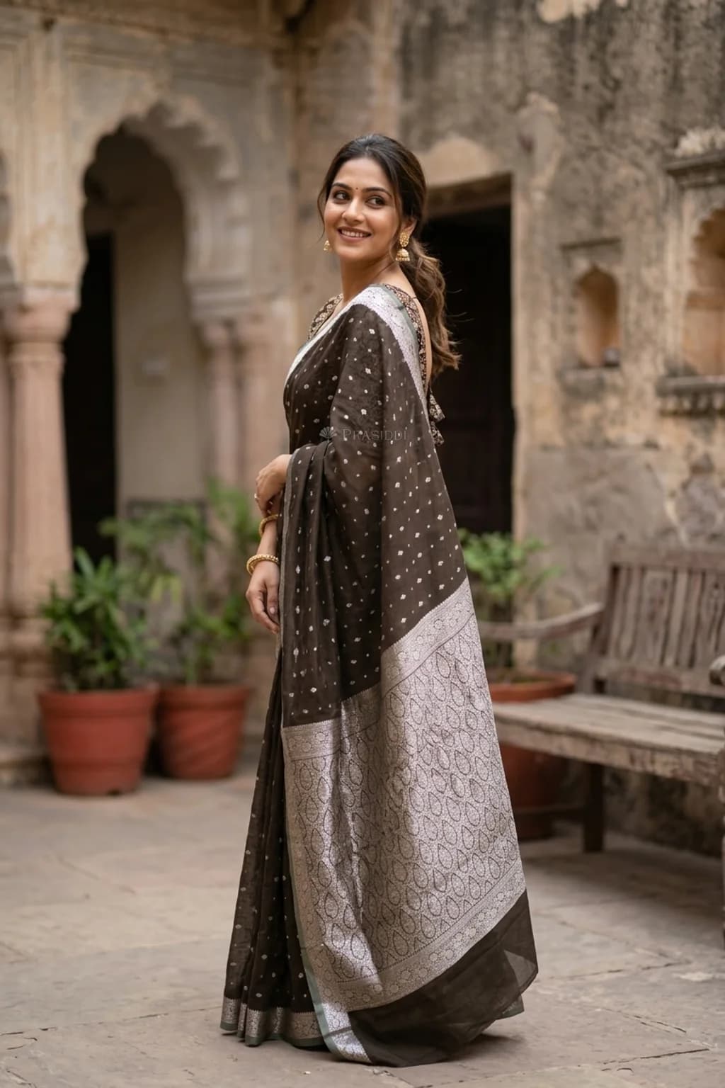 Dark Brown and Olive Butti Silk Cotton Saree with double border – Model Displaying Full Saree