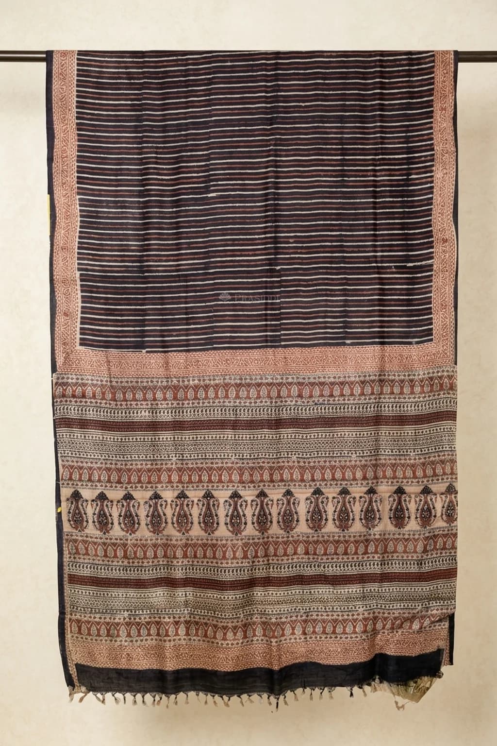 Dark Grey Printed Tussar Silk Saree with a Printed Border. – Saree Display