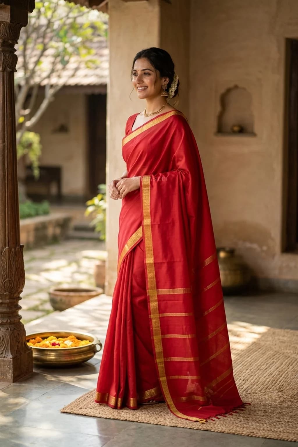 Dark Peach Mysore Silk Saree with Small Zari Border – Model Displaying Full Saree