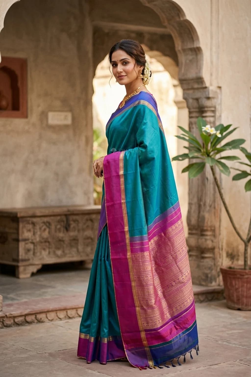Denim Blue and Plum Ganga Jamuna Silk Saree with Navy Blue border – Model Displaying Full Saree