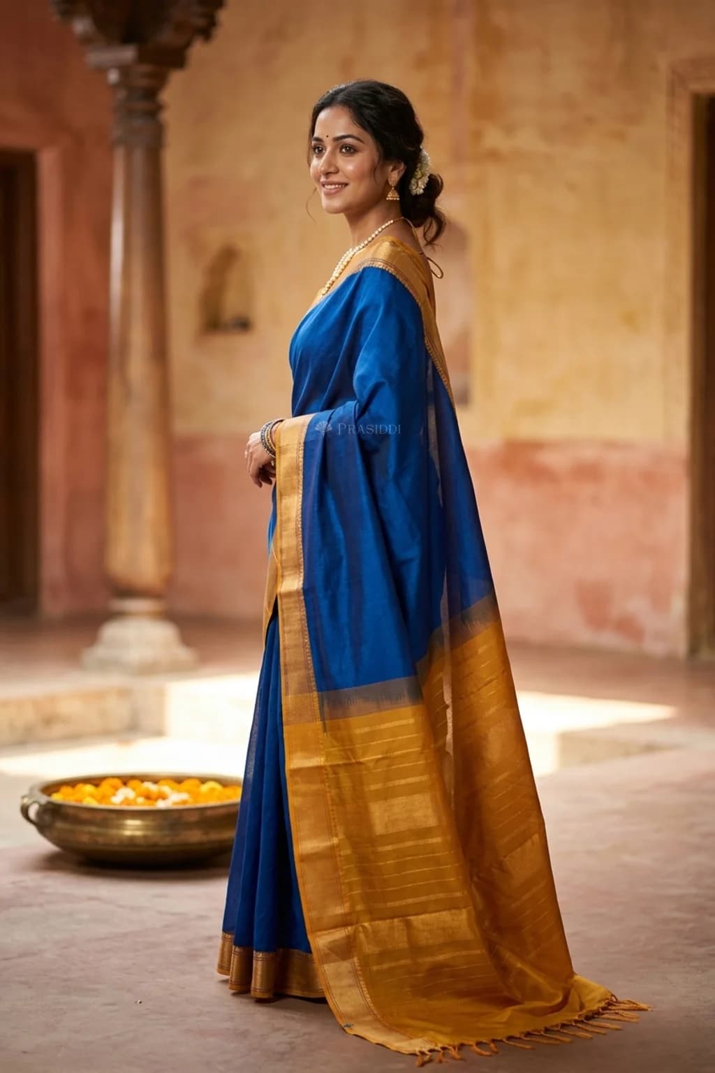Denim Blue Pattur Silk Cotton Saree with yellow border and pallu, featuring a small zari border. – Model Displaying Full Saree