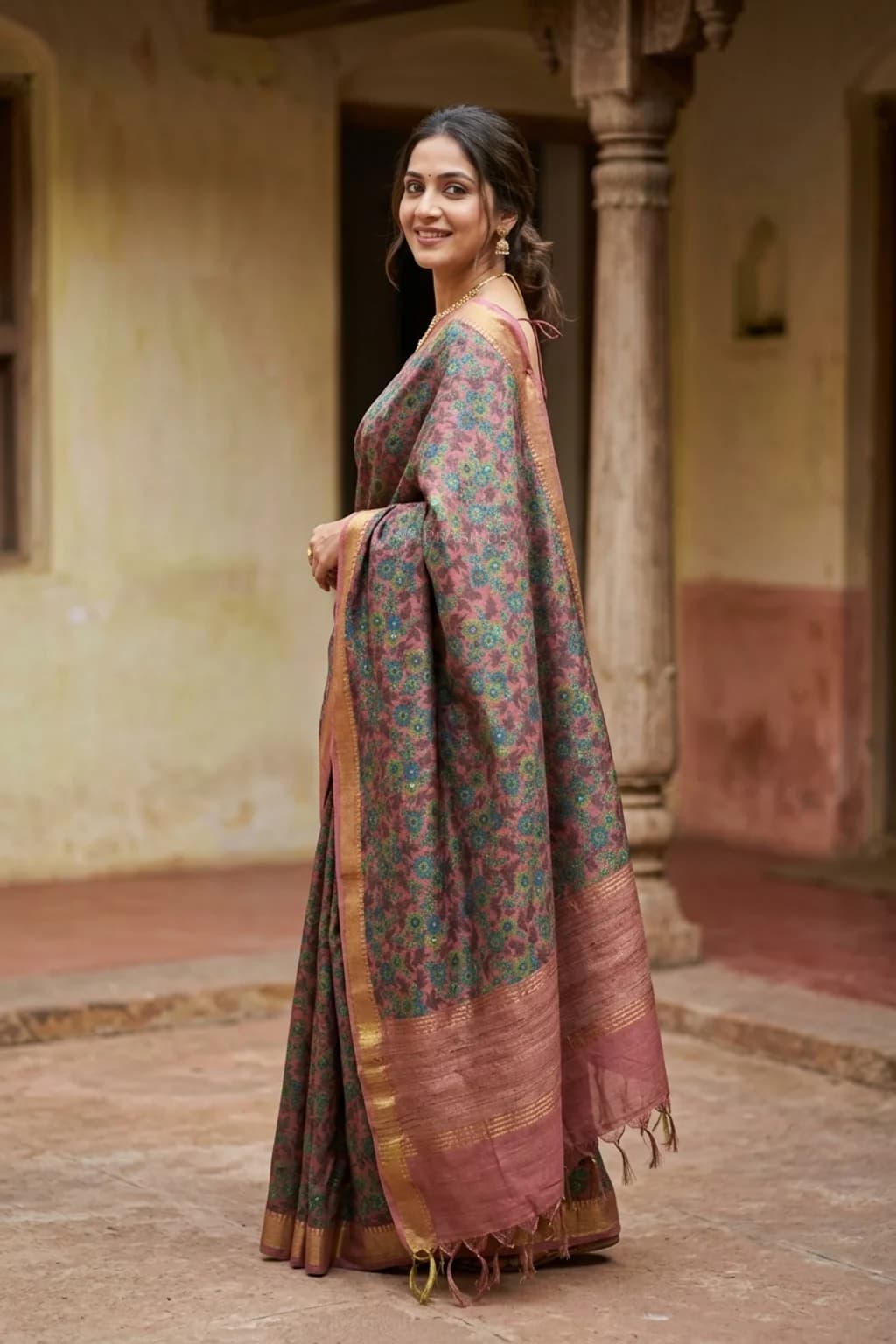 Dusty Wine Printed Tussar Silk Saree with Classical Border and Floral Design. – Model Displaying Full Saree