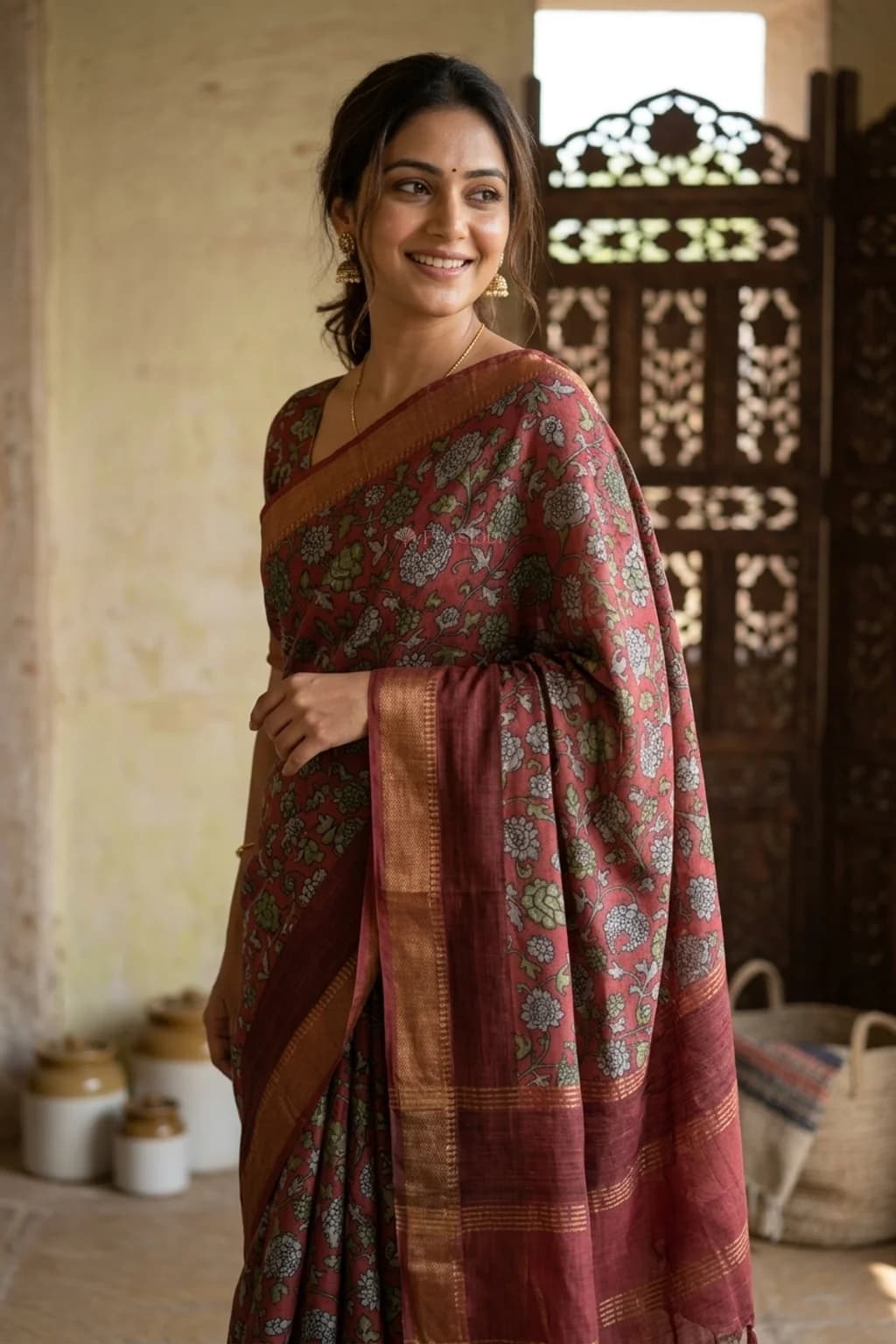 Dusty Wine Printed Tussar Silk Saree with Classical Border and Floral Print – Model Displaying Full Saree