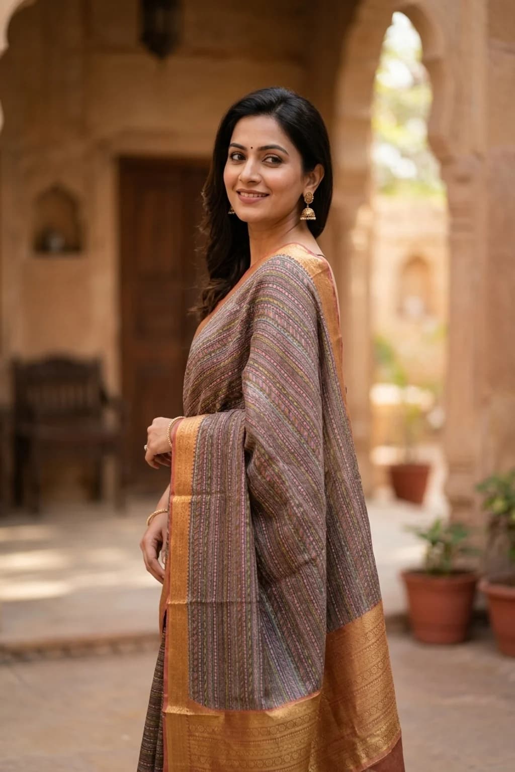 Dusty Wine Printed Tussar Silk Saree with Zari Border – Model Displaying Full Saree
