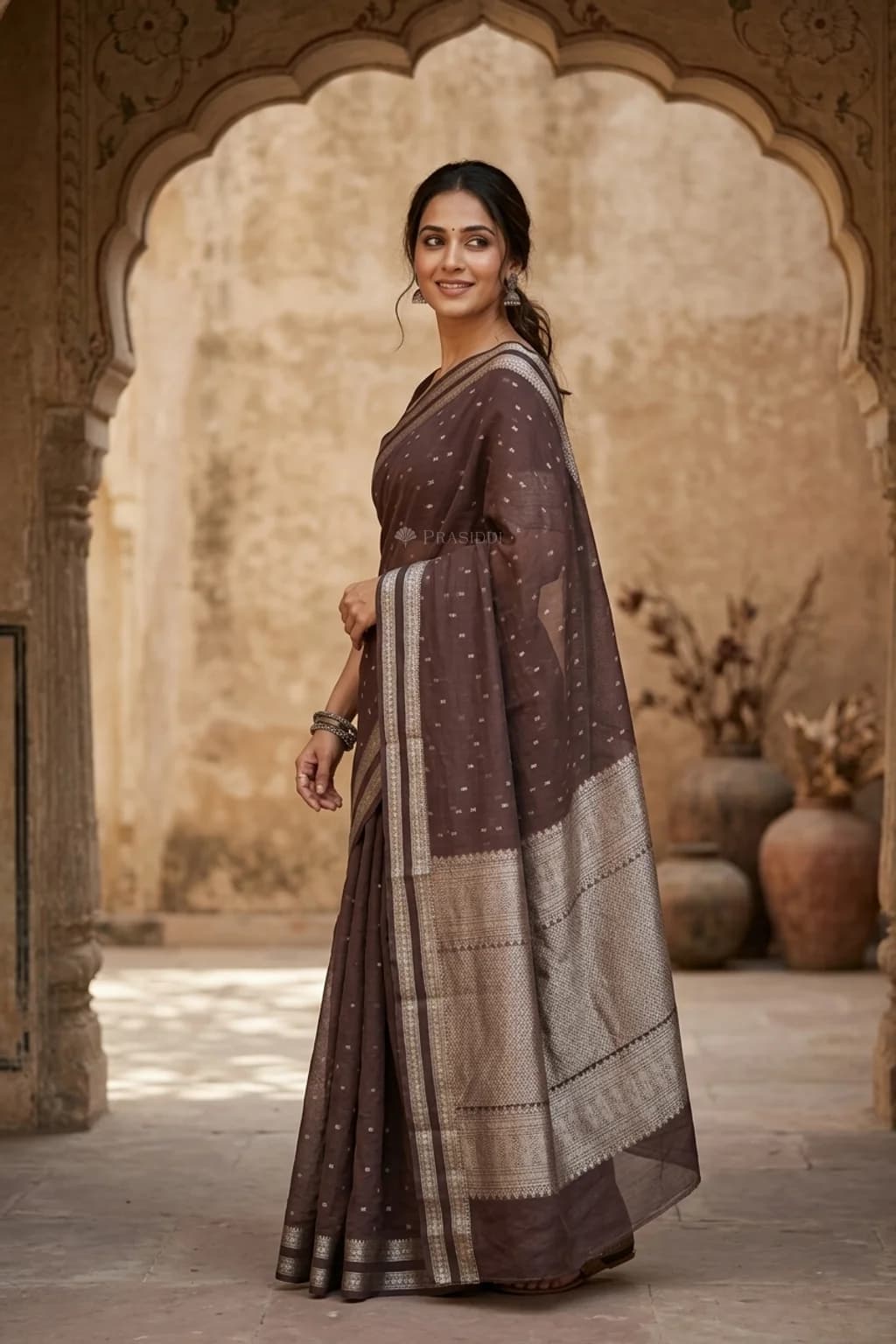 Dusty Wine Silk Cotton Saree with a contrast woven zari border – Model Displaying Full Saree