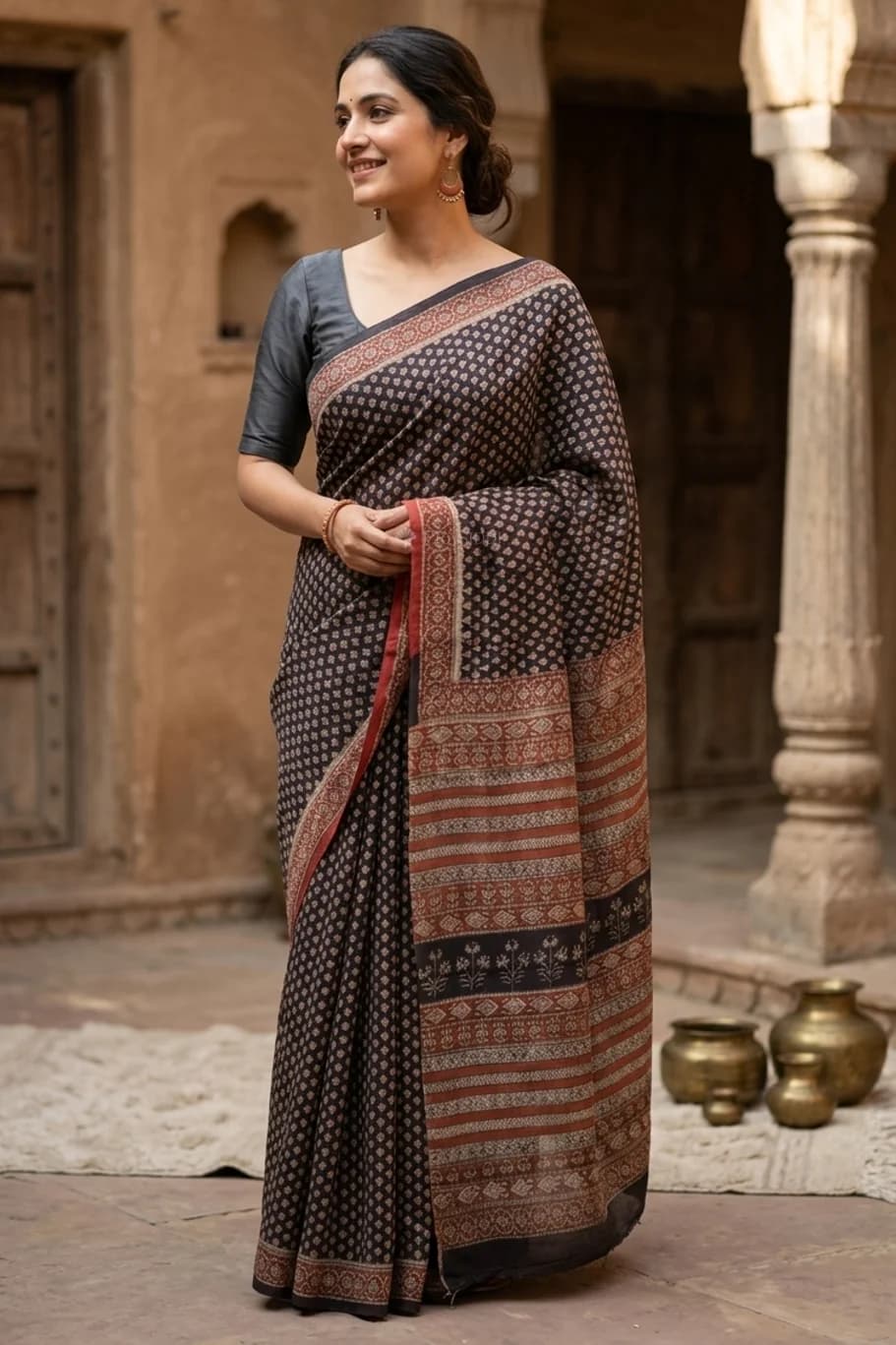 Elephant Grey Printed Tussar Silk Saree with a Printed Border. – Display Image