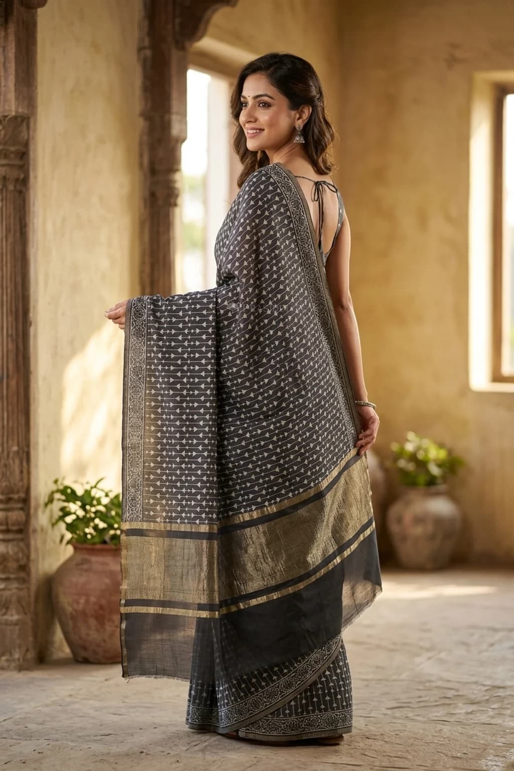 Elephant Grey Printed Tussar Silk Saree with a Printed Border – Model Displaying Full Saree