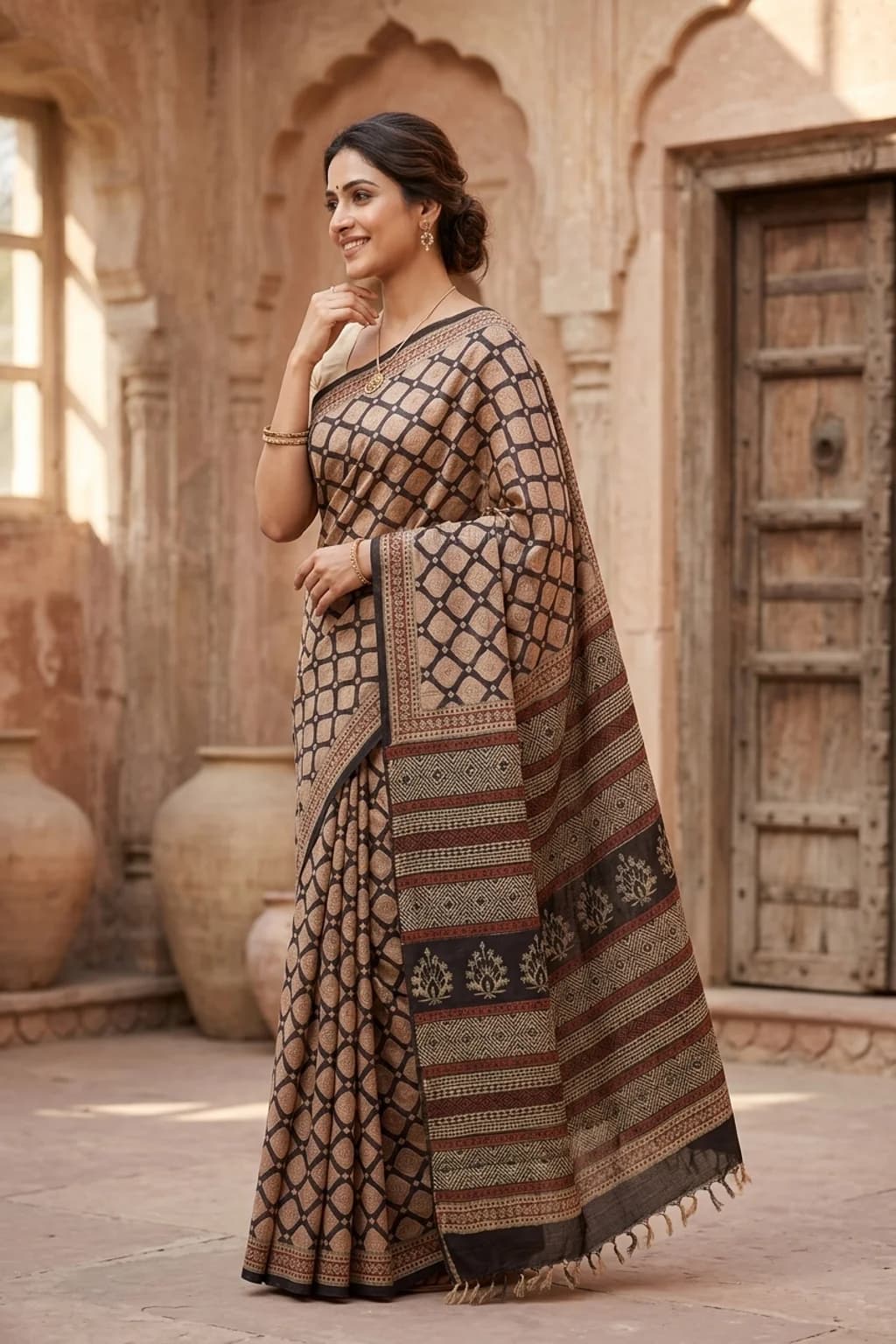 Elephant Grey Printed Tussar Silk Saree with Printed Border – Model Displaying Full Saree