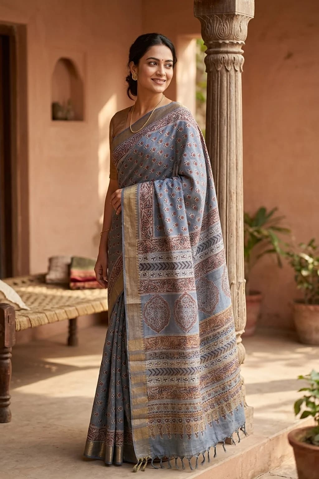 Faded Indigo Blue Printed Tussar Silk Saree with Classical Border – Model Displaying Full Saree