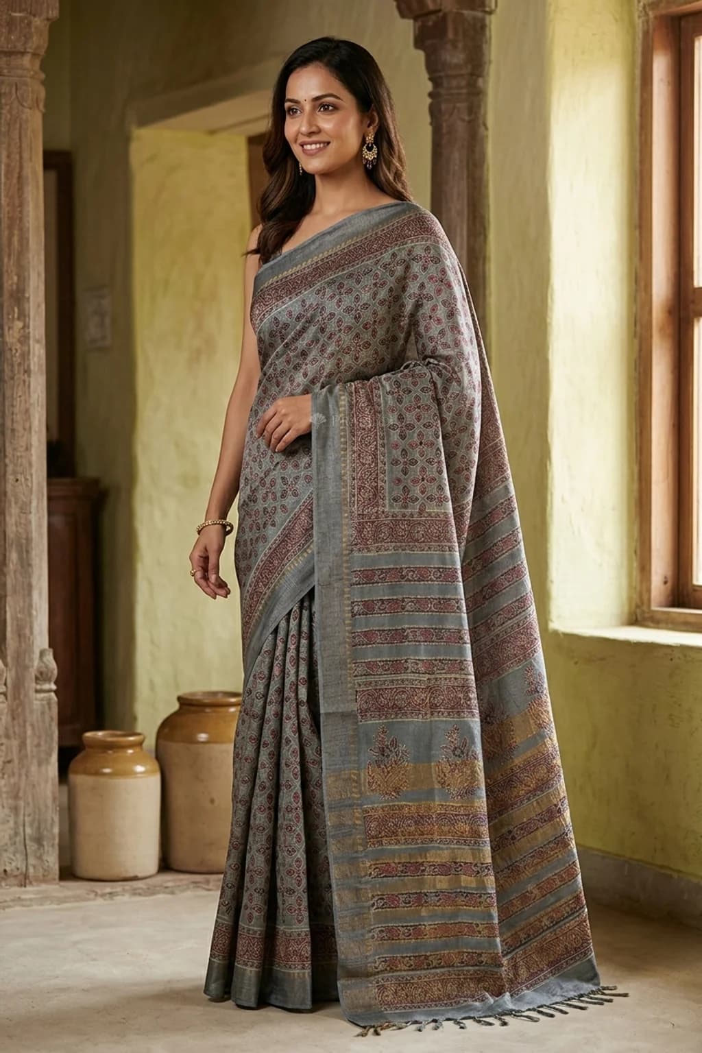 Faded Indigo Blue Printed Tussar Silk Saree with Tissue Border. – Model Displaying Full Saree
