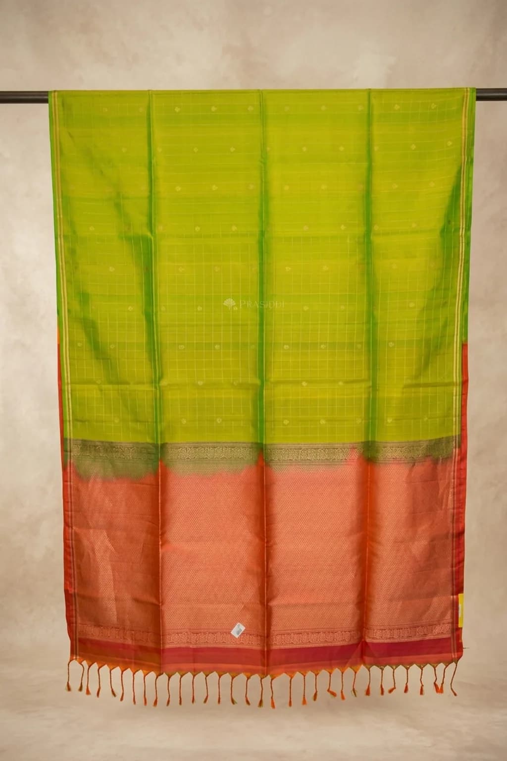 Green and reddish orange soft silk saree with small zari border and grand pallu. – Saree Display