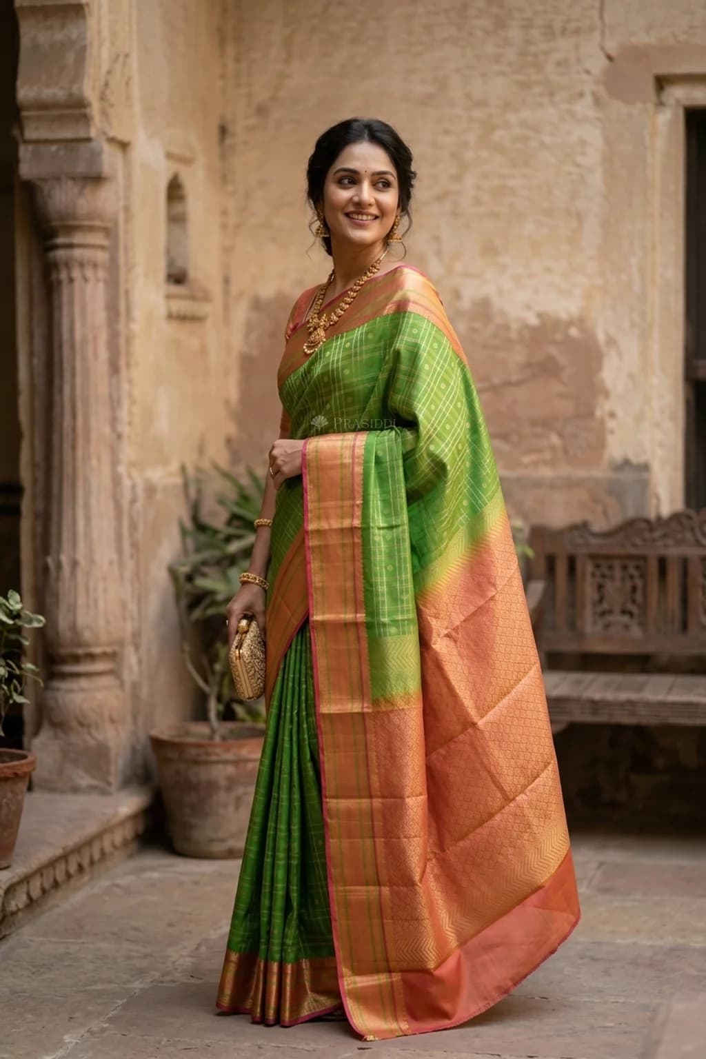Green and Rust Woven Silk Saree with rich border and grand pallu – Model Displaying Full Saree