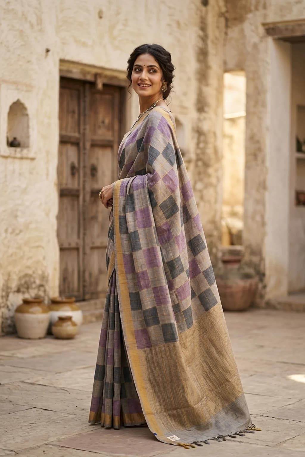 Grey Printed Tussar Silk Saree with Classical Tissue Border and Multicolor Checked Design. – Model Displaying Full Saree