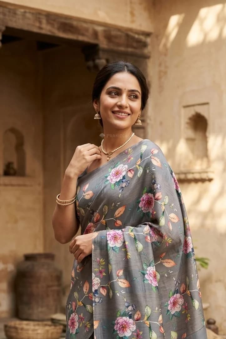 Grey Printed Tussar Silk Saree with Floral Design, No Border. – Display Image