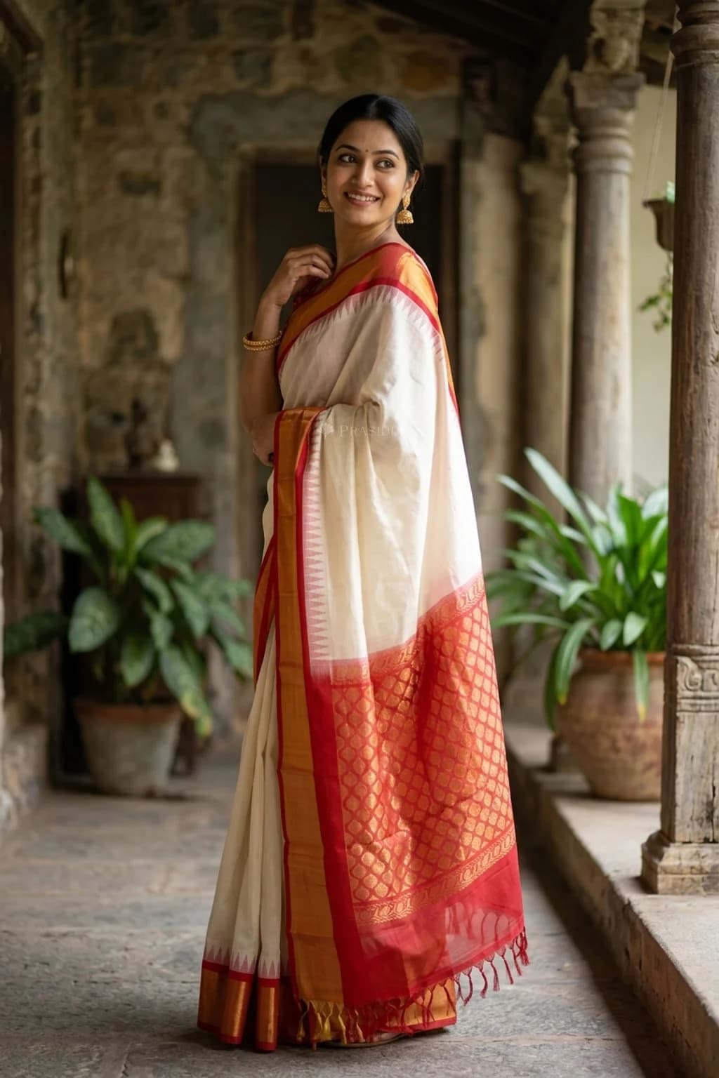 Ivory and Red Pattur Silk Cotton Saree with temple border and grand pallu. – Model Displaying Full Saree
