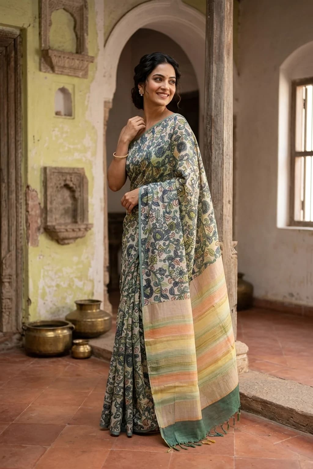 Ivory Printed Tussar Silk Saree with Dense Kalamkari Print – Model Displaying Full Saree