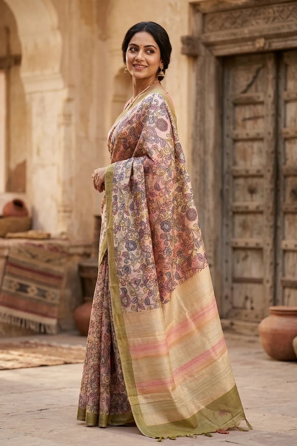 Ivory Printed Tussar Silk Saree with Kalamkari Print and Border – Model Displaying Full Saree