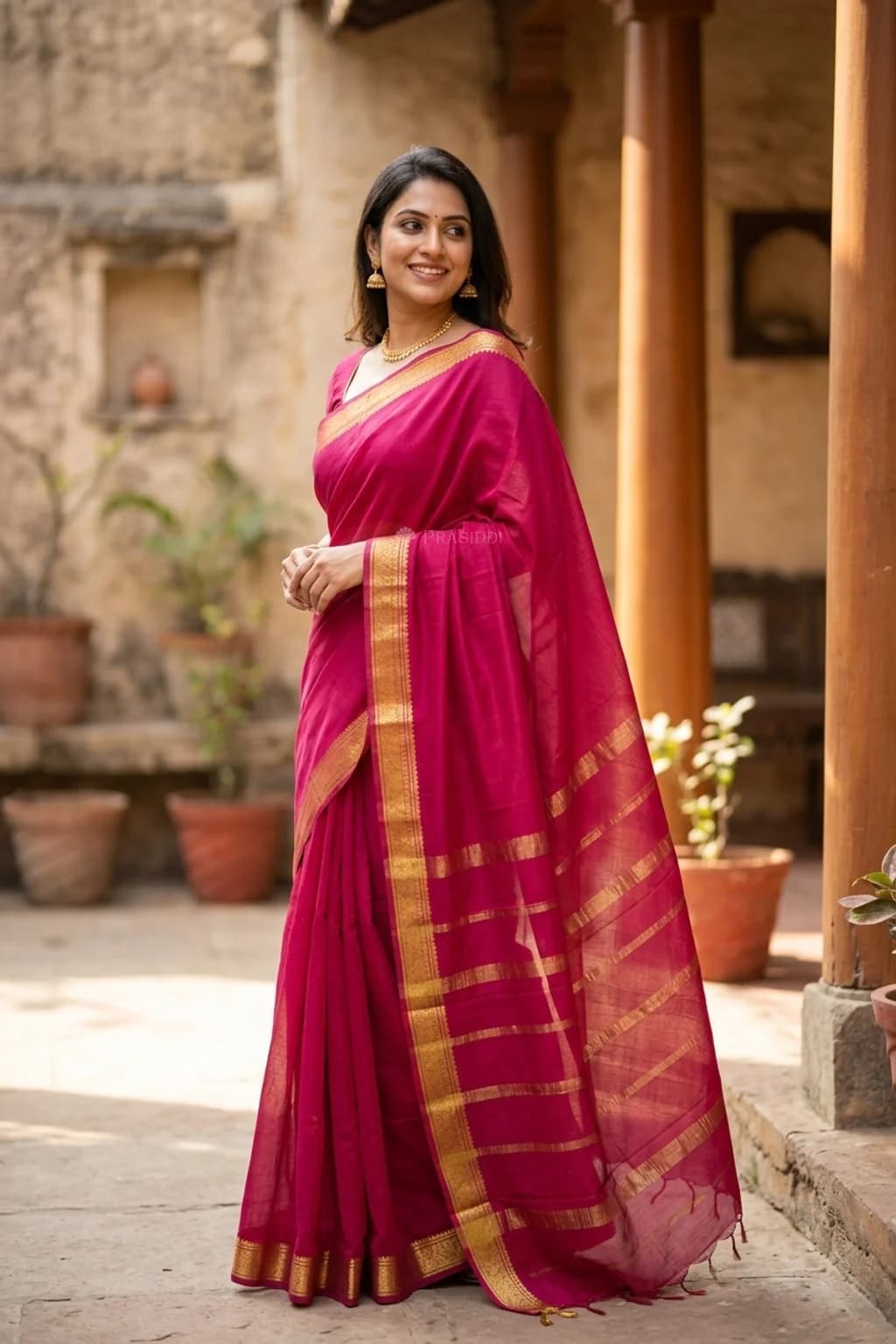 Magenta Mysore Silk Saree with Small Zari Border – Model Displaying Full Saree