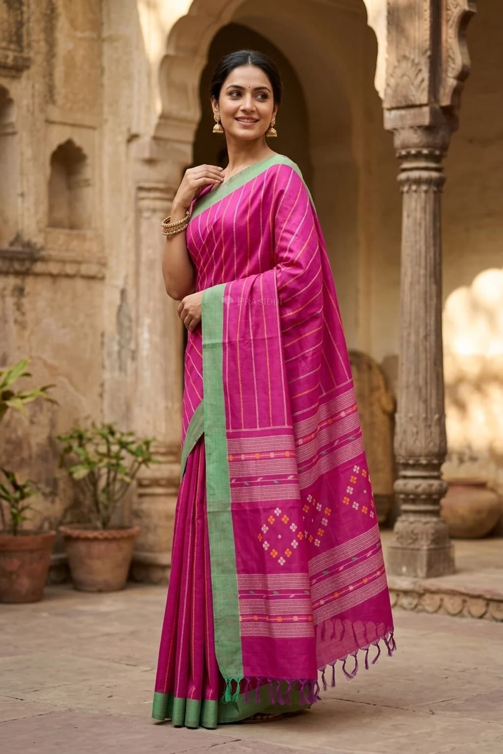 Magenta Tadapathri Cotton Saree with a plain green border and woven strips design. – Model Displaying Full Saree