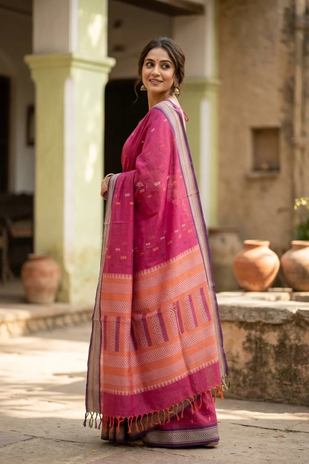 Magenta Tadapathri Cotton Saree with Blue Contrast Border and Chevron Motifs. – Model Displaying Full Saree