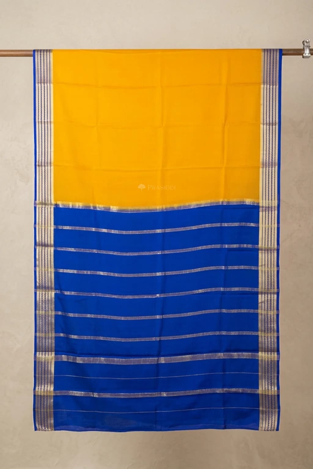Mango Yellow Mysore Silk Saree with Royal Blue Border and Pallu. – Saree Display