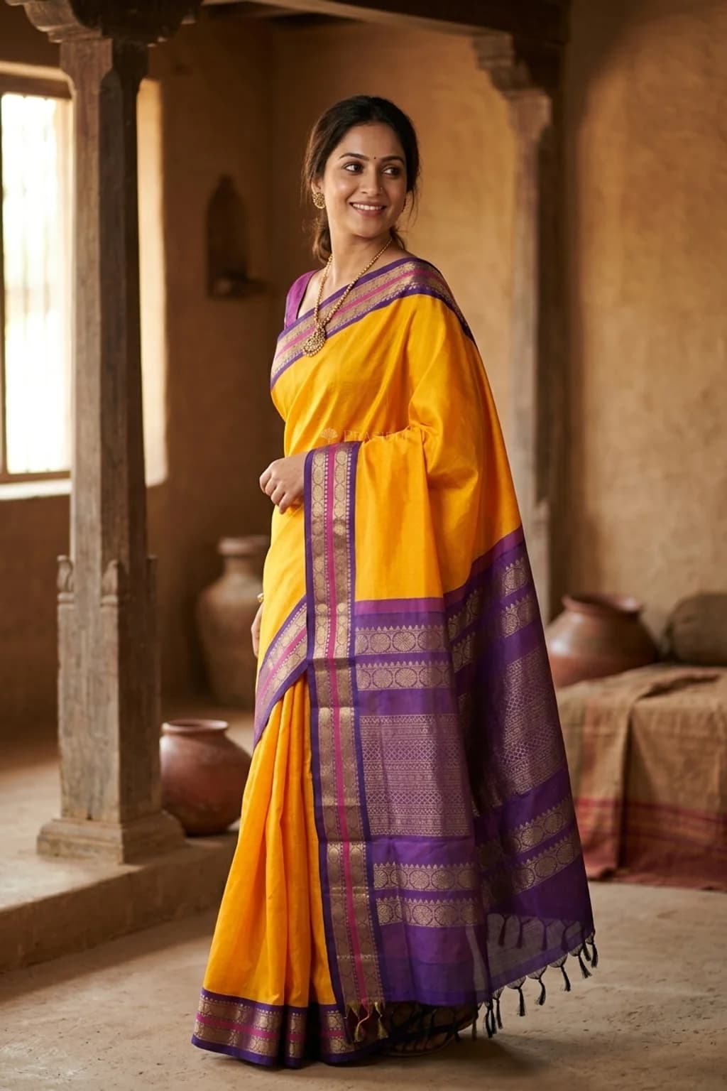 Marigold and Ink Blue Pattur Silk Cotton Saree with woven contrast border. – Model Displaying Full Saree