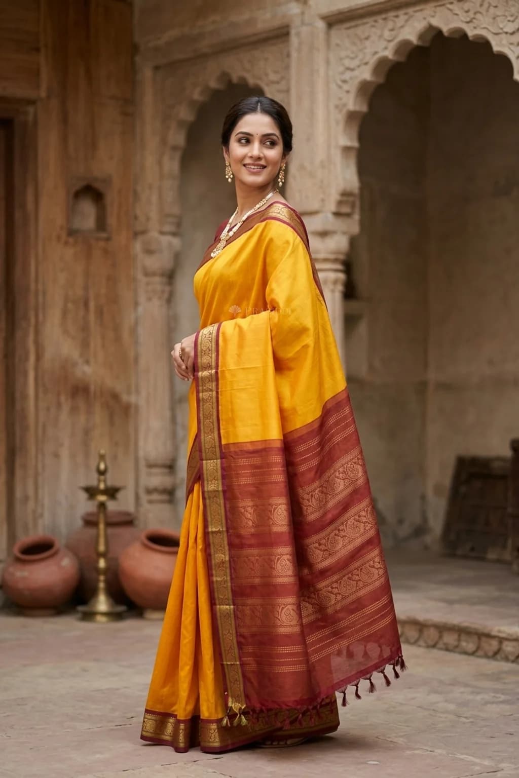 Marigold and Maroon Pattur Silk Cotton Saree with rich border and pallu – Model Displaying Full Saree